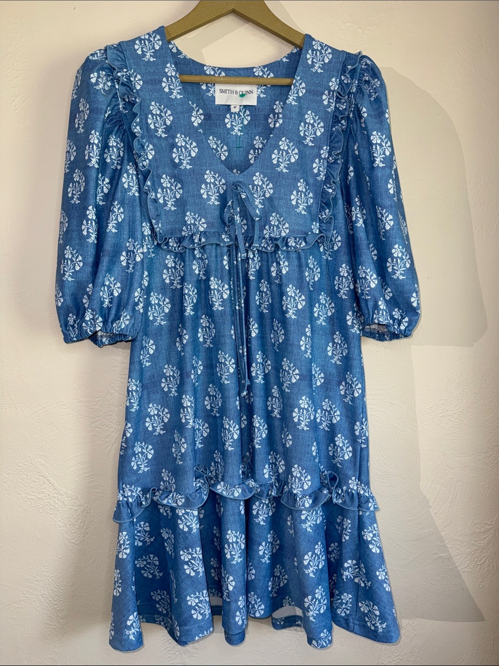 Smith & Quinn Blue White Floral Ruffle Midi Dress Size M